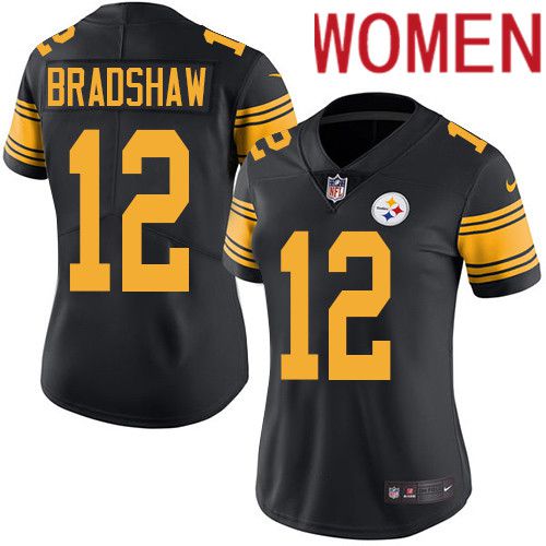 Women Pittsburgh Steelers #12 Terry Bradshaw Nike Black Vapor Limited Rush NFL Jersey->women nfl jersey->Women Jersey